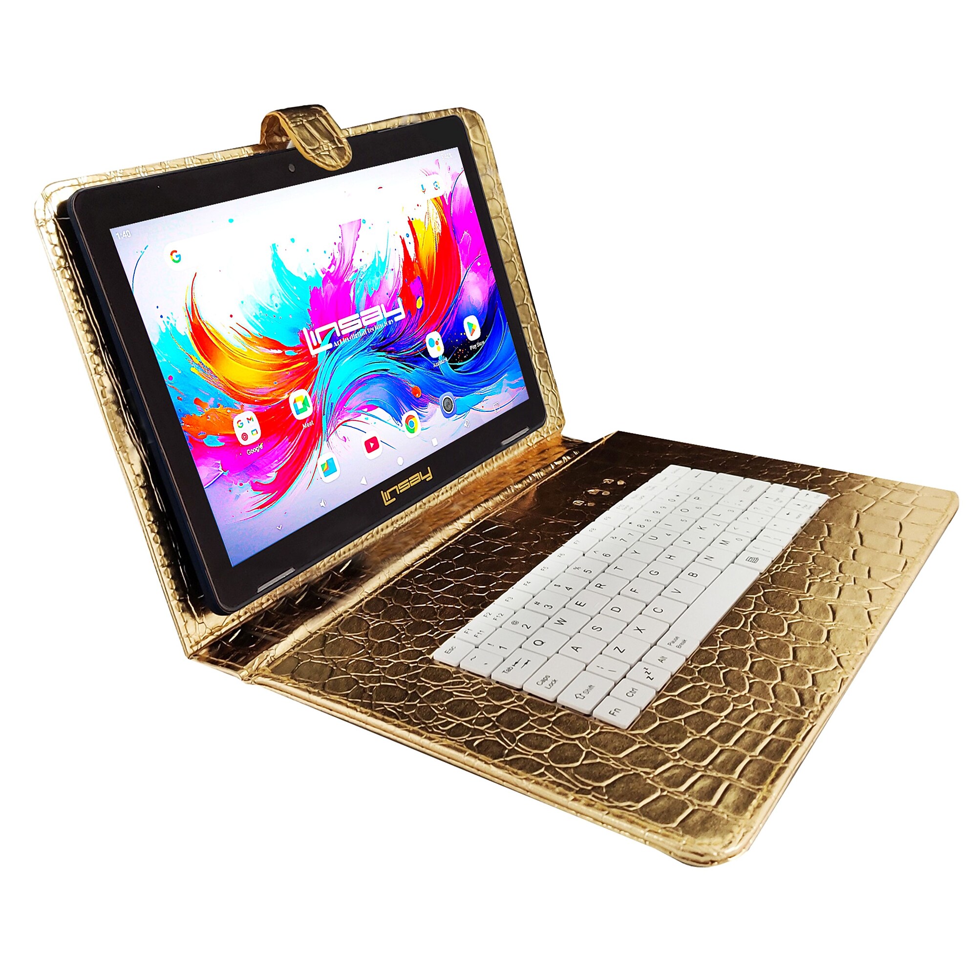 LINSAY F10 Series 10.1″ Tablet, Wi-Fi, Octa Core, 256GB eMMC, Android 15, Golden Keyboard Case (F10IPGBDGPLUS) Sansujyuku sansujyuku.com