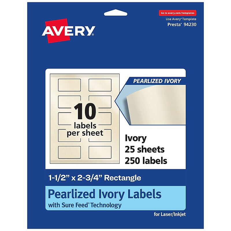 Avery Laser/Inkjet Rectangle Pearlized Labels, 1.5" x 2.75", Ivory, 250 Labels/Pack (94230) image 1