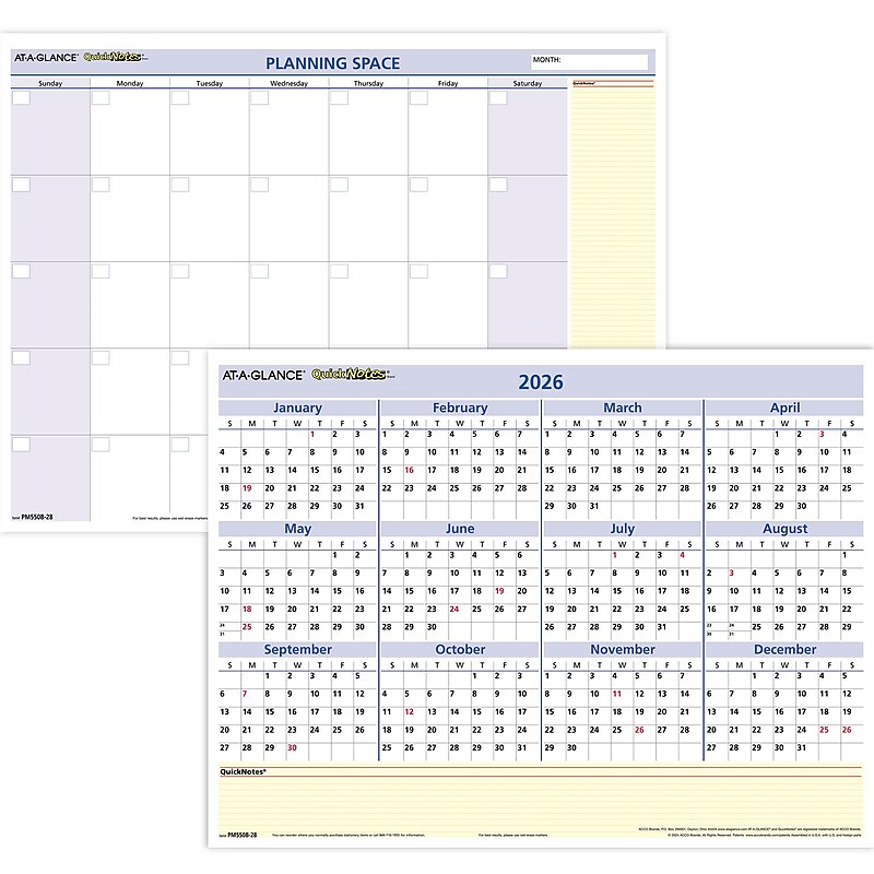 2026 AT-A-GLANCE QuickNotes 16" x 12" Yearly Dry Erase Wall Calendar, Reversible (PM550B-28-26) image 1