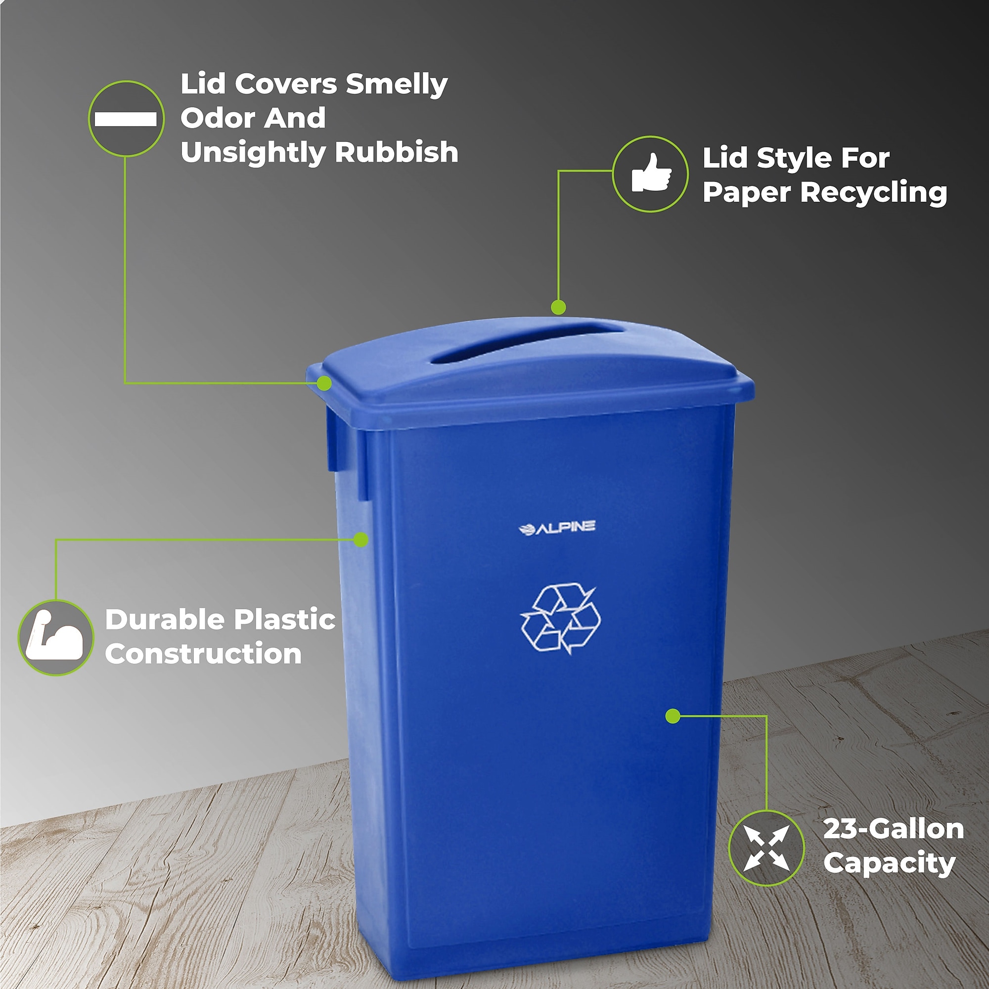 Alpine Industries Polypropylene Recycling Bin with Lid and Dolly, 23 Gallon, Blue (ALP477-BLU4-PKD) Sansujyuku sansujyuku.com