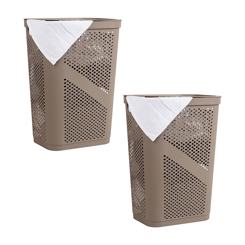 Mind Reader 15.85-Gallon Slim Laundry Hamper with Lid, Plastic, Tan, 2/Set (2HBIN60-BRNM) image 1