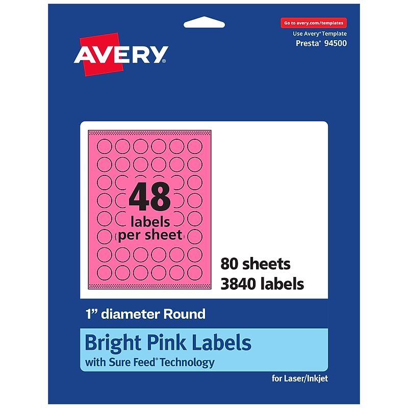 Avery Laser/Inkjet Round Multipurpose Labels, 1" Dia., Bright Pink, 3840/Box (94500) image 1