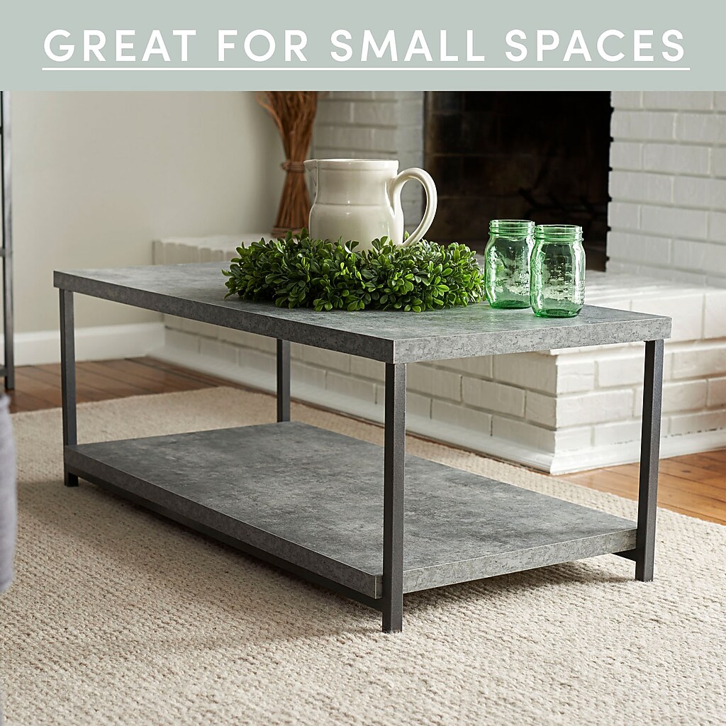 Great for small spaces banner on image showing compact coffee table