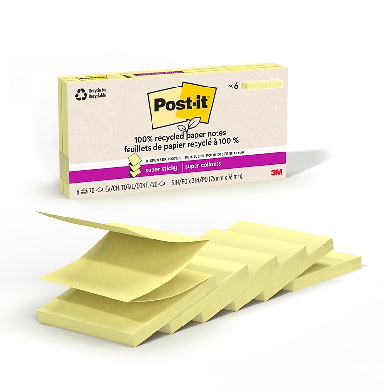 Post-it Recycled Pop-up Super Sticky Notes, 3" x 3", Canary Collection, 70 Sheets/Pad, 6 Pads/Pack (R330R-6SSCY) image 1