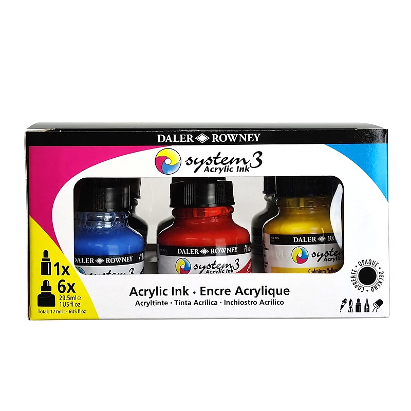 Daler-Rowney System3 Acrylic Ink, Assorted Colors, 29.5ml, 7/Set (DRW161100007) image 1