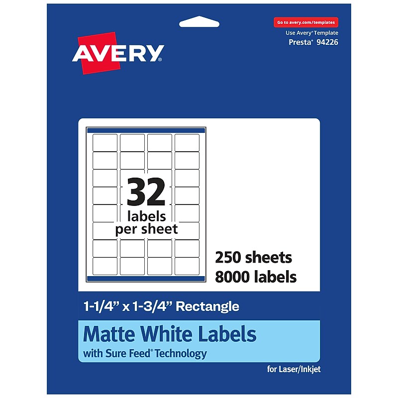 Avery Laser/Inkjet Multipurpose Rectangle Labels, 1.25" x 1.75", White, 8000 Labels/Box (94226) image 1