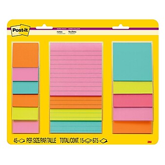 Post-it Super Sticky Notes, Assorted Sizes, Supernova Neons Collection, Lined, 15 Pads/Pack (4423-15SSMIA)