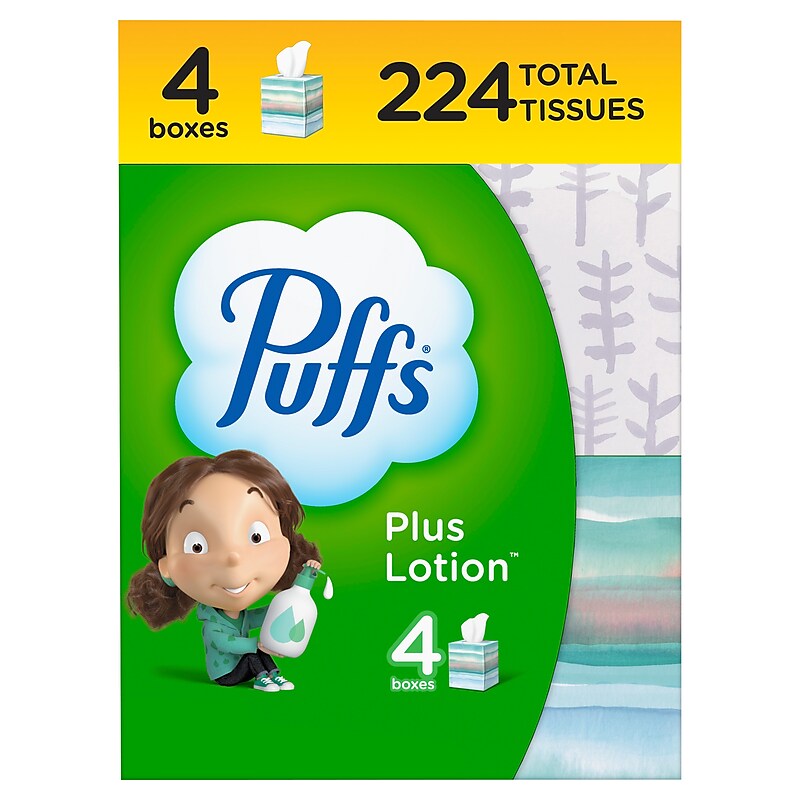 Puffs Plus Lotion Facial Tissue, 2-ply, 56 Tissues/Box, 4 Boxes/Pack (34899) image 1