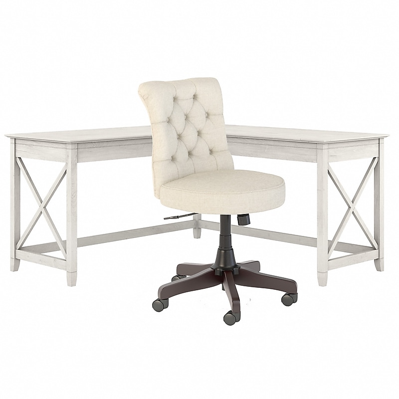 Bush Furniture Key West 60"W L Shaped Desk with Mid Back Tufted Office Chair, Linen White Oak (KWS045LW) image 1