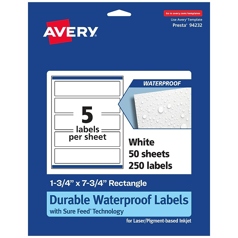 Avery Laser/Inkjet Rectangle Waterproof Multipurpose Labels, 7.75"  x 1.75", White, 250/Box (94232) image 1