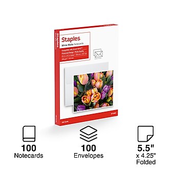 Staples Matte Notecards, 5.5"W x 4.25"L, White, 100/Box (12501)