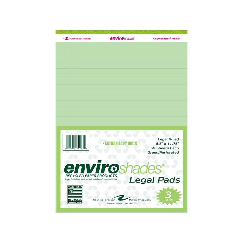 Roaring Spring Paper Products 8.5" x 11.75" Legal Pads, Recycled Green Paper, 50 Sheets/Pad, 3 Pads/Pack (74193) image 1