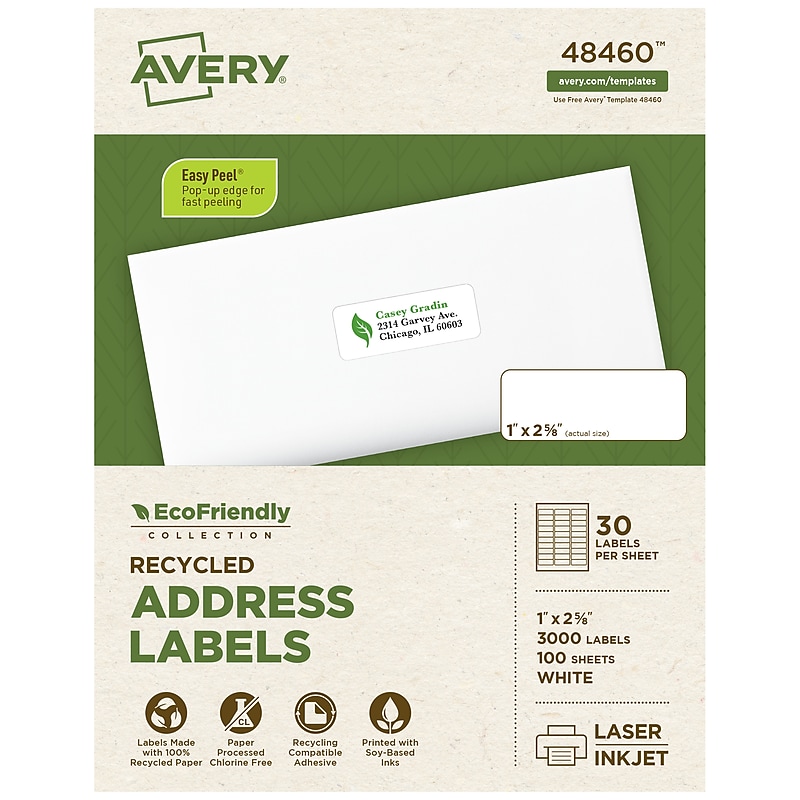 Avery EcoFriendly Laser/Inkjet Address Labels, 1" x 2-5/8", White, 3000 Labels/Box (48460) image 1