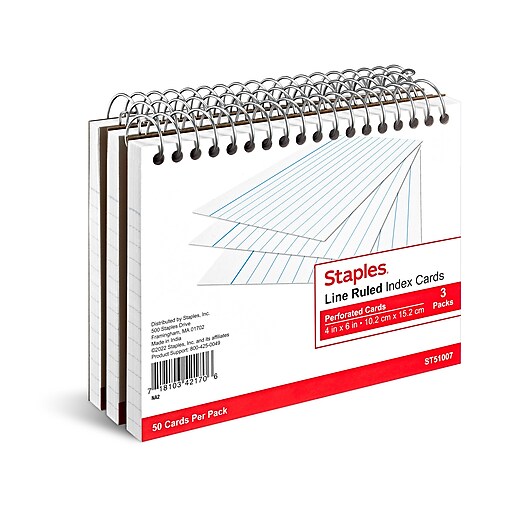 Staples 4 x 6 Index Cards, Lined, White, 50 Cards/Pack, 3 Pack/Carton (TR51007)