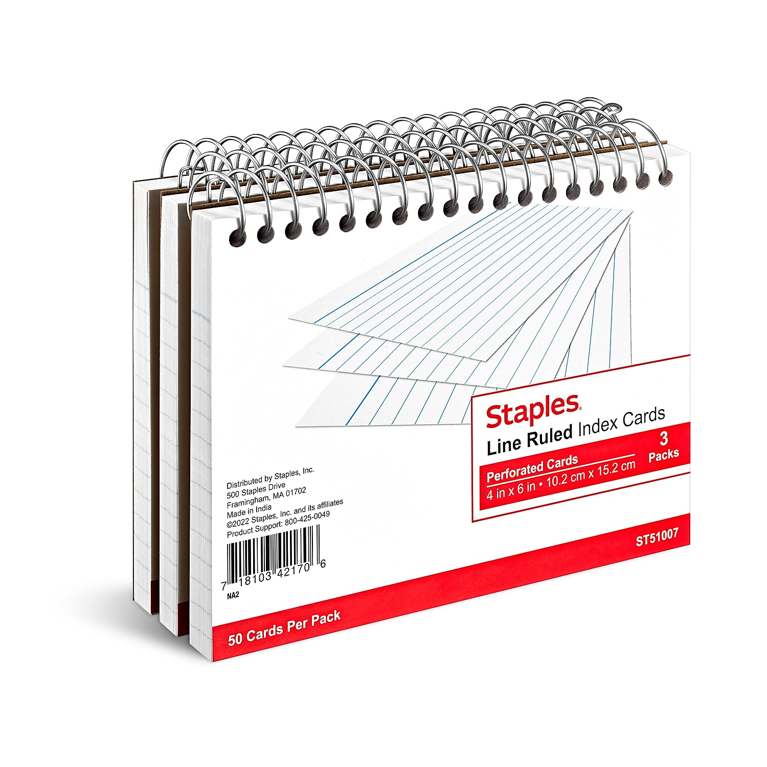 Staples 4" x 6" Line Ruled Spiral Bound Index Cards 50/Pack (51007) TR51007 - Picture 1 of 5