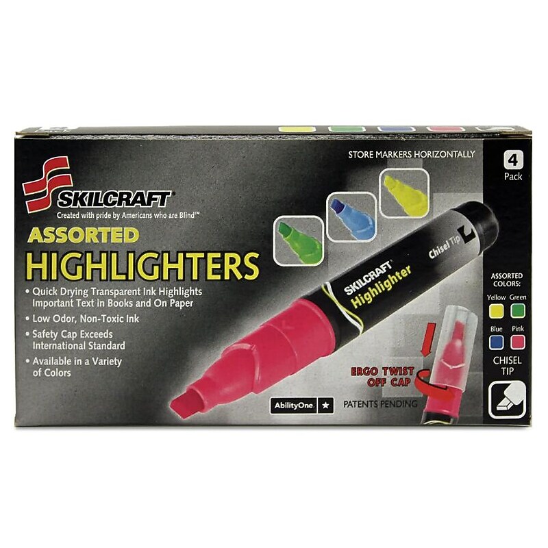 AbilityOne Skilcraft Large Fluorescent Highlighters, Chisel Tip, Assorted Colors, 4/Set (NSN3837938) image 1