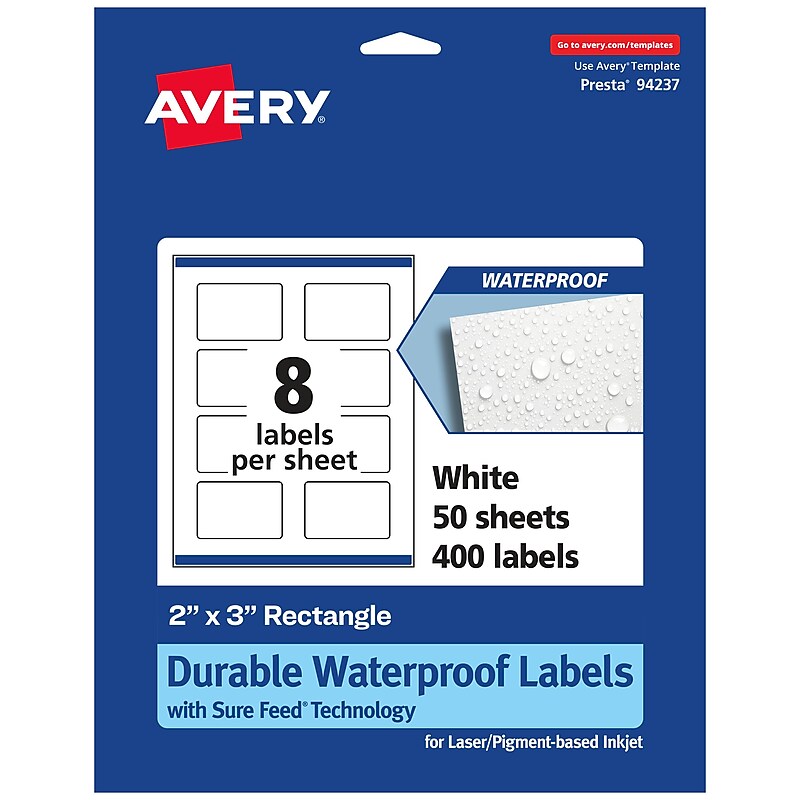 Avery Laser/Inkjet Rectangle Durable Waterproof Labels, 2" x 3", White, 400 Labels/Box (94237) image 1