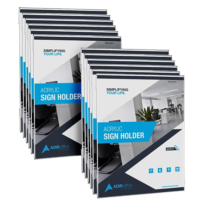 AdirOffice Wall Mount Sign Holder, 8.5" x 11", Desktop/Wall, Clear Acrylic, 36/Pack (639-8511-36-WM) image 1