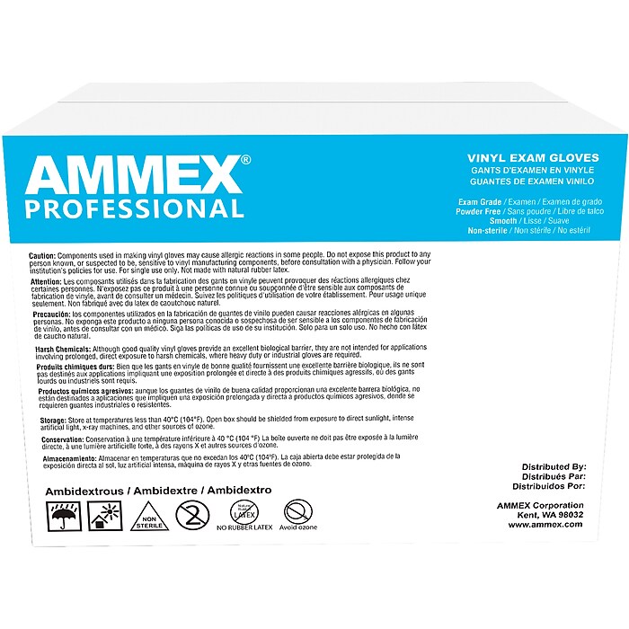 Ammex Professional VPF Powder Free Vinyl Exam Gloves, Latex-Free