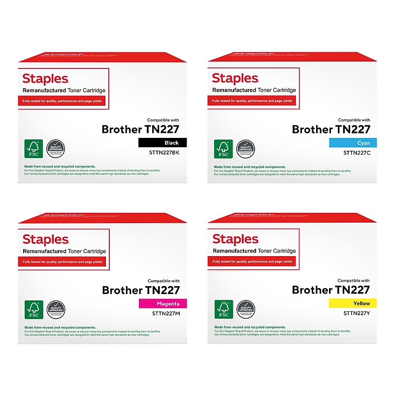 Staples Remanufactured Black/Cyan/Magenta/Yellow High Yield toner Replacement for Brother TN227, 4/Pack (STTN227BK-CMY4PK-VB) image 1