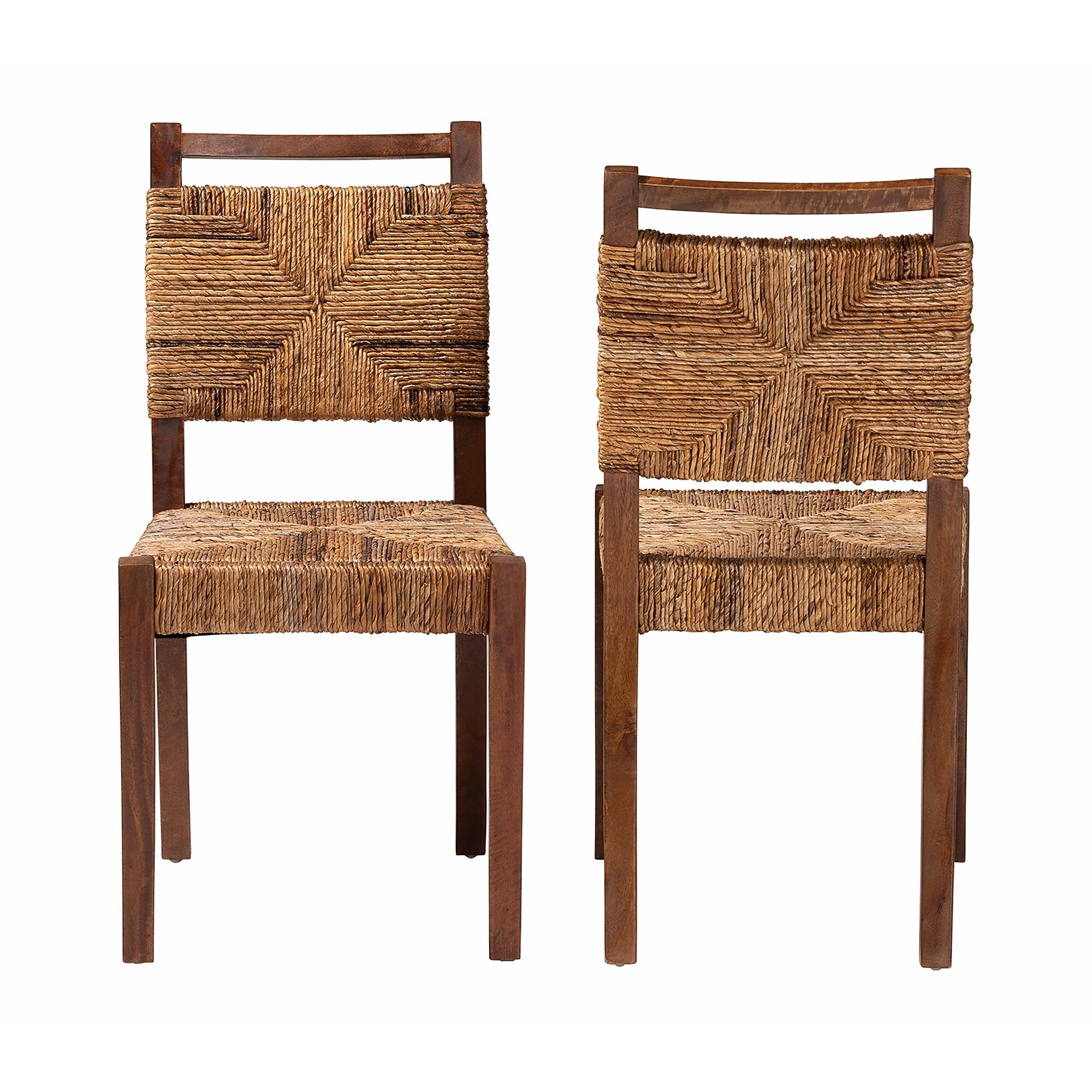 Bohemian natural seagrass dining chair set of 2, woven back and seat with teak frame.
