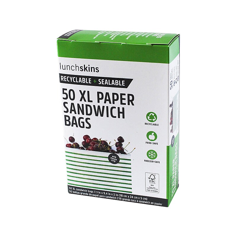 LunchSkins Paper Sandwich Bag, 9.4" x 7.1" x 2", White/Green, 50/Box (865772000494) image 1