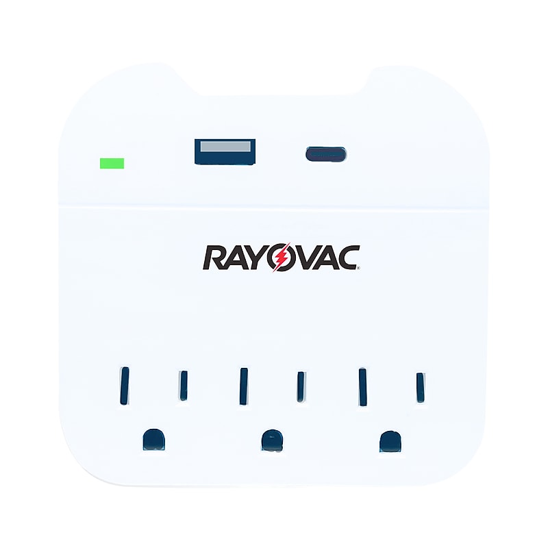 RAYOVAC 3-Outlet 2-USB Surge Protector Wall Tap, 300-Joules, White (SS-Q302C) image 1