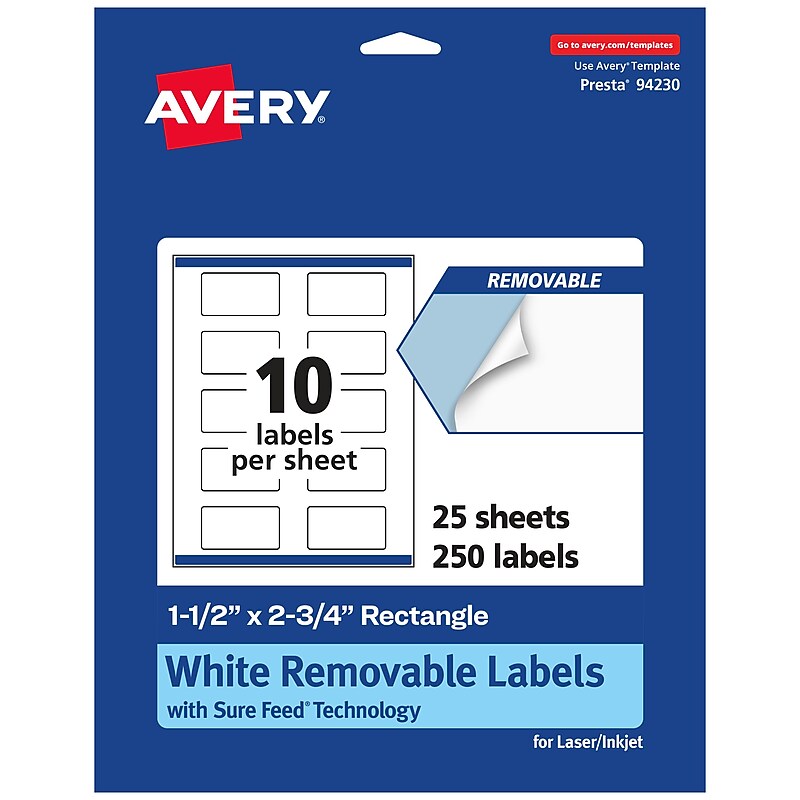 Avery Laser/Inkjet Rectangle Removable Labels, 1.5" x 2.75", White, 250 Labels/Pack (94230) image 1
