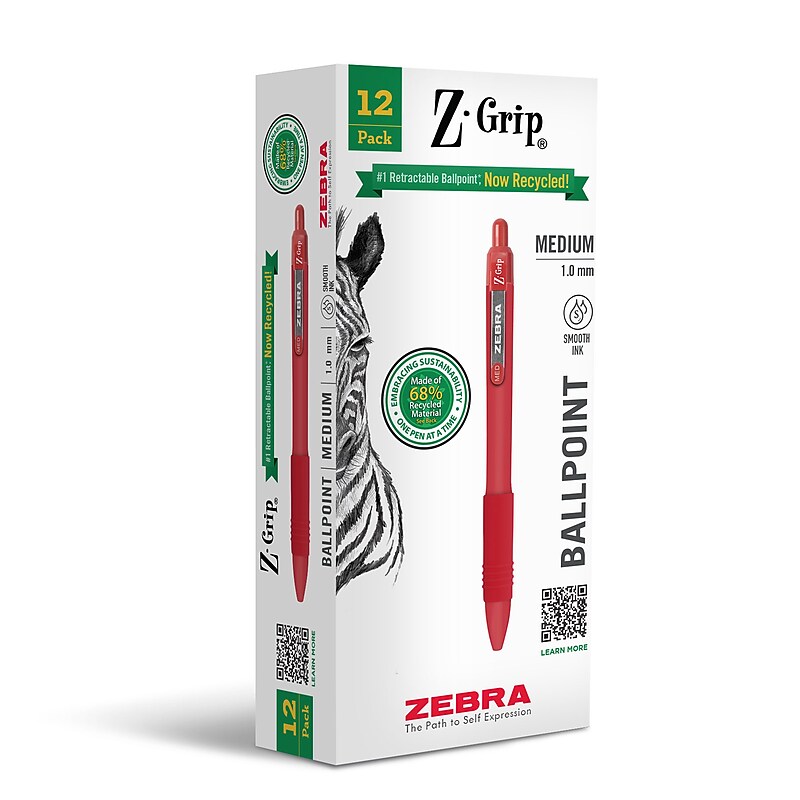 Zebra Z-Grip Retractable Ballpoint Pen, Medium Point, 1.0mm, Red Ink, Dozen (20630) image 1