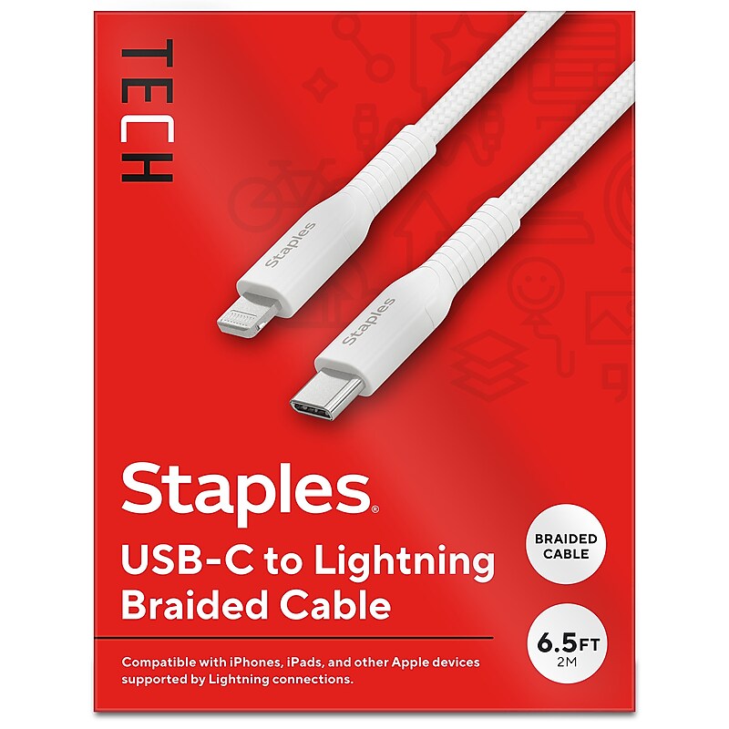 Staples TECH Lightning to USB-C Charging Cable, 6.5 ft., White (ST62333) image 1