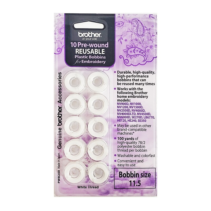 Brother Pre-Wound Embroidery Bobbins, White, 10/Pack (PWB250) image 1