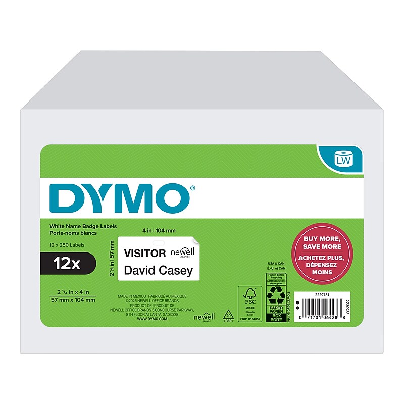 DYMO LabelWriter Large Shipping Labels, 57mm x 104mm, White, 250 Labels/Roll, 12 Rolls/Box (2229751) image 1