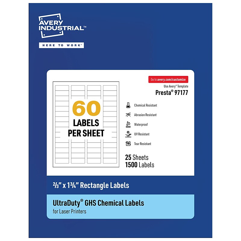 Avery Laser UltraDuty GHS Labels, 2/3" x 1-3/4", White, 1500 Labels/Pack (97177) image 1