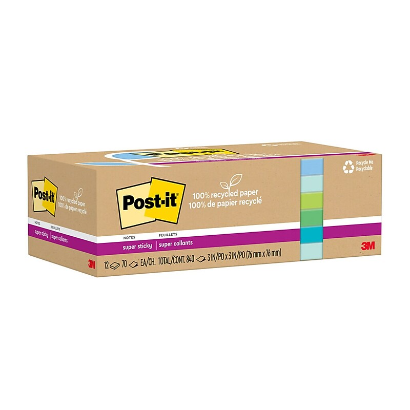 Post-it Recycled Super Sticky Notes - Oasis Collection, 3