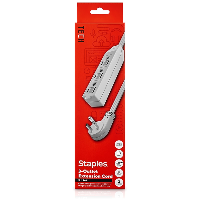 Staples TECH 15' Extension Cord, 3-Outlet, 16 AWG, Gray, 2/Pack (ST62347) image 1