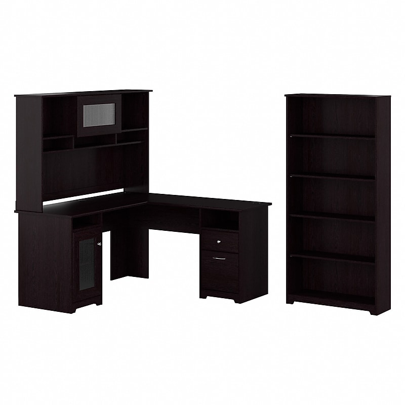 Bush Furniture Cabot 60"W L Shaped Computer Desk with Hutch and 5 Shelf Bookcase, Espresso Oak (CAB011EPO) image 1
