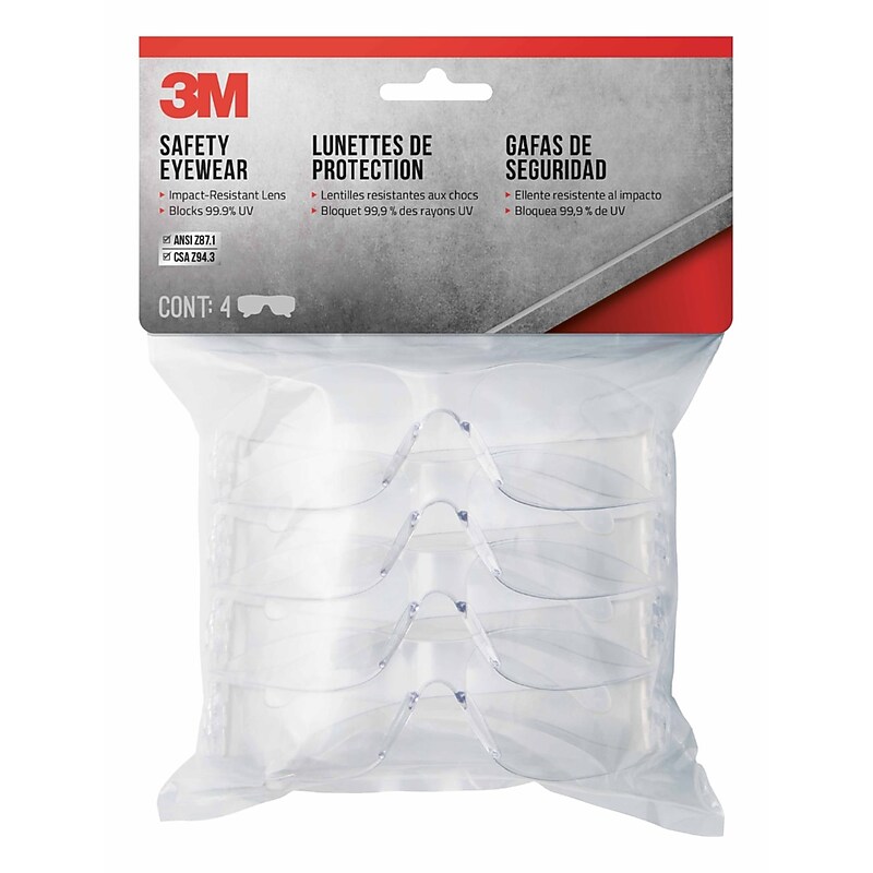 3M Safety Glasses, Wraparound, Clear Lens, 4/Pack (90953H4-DC-M) image 1