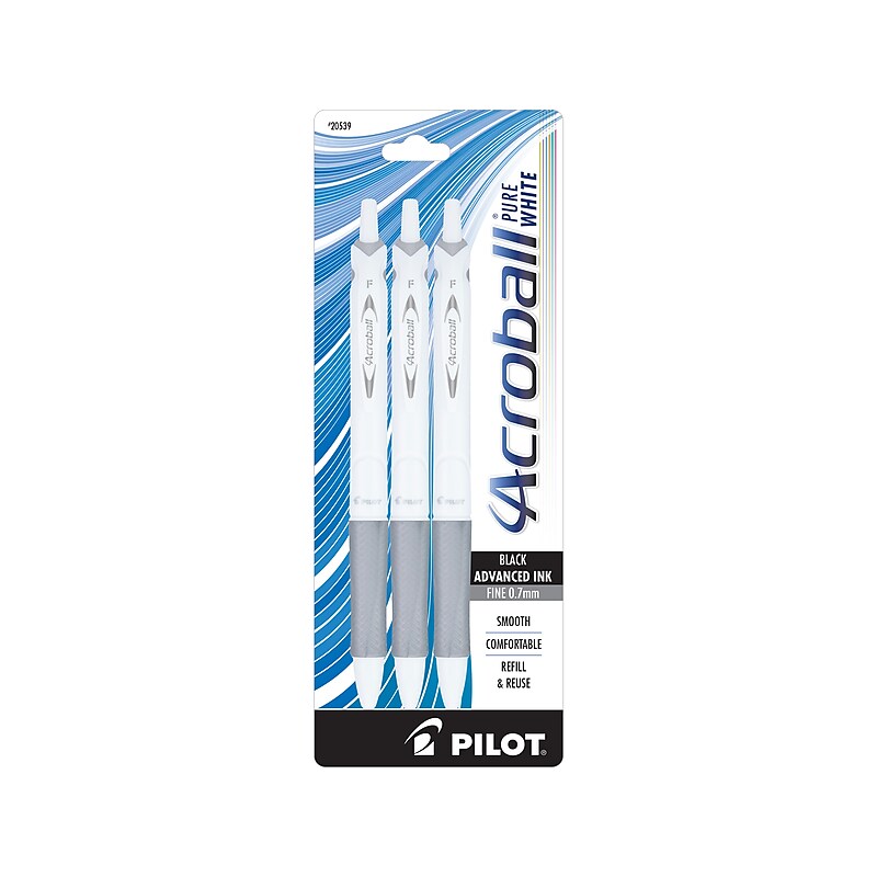 Pilot Acroball PureWhite Retractable Ballpoint Pen, Fine Point, 0.7mm, Black Ink, 3/Pack (AWBC3BLKFSLV) image 1
