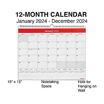 2024 Staples 15" x 12" Wall Calendar, Red/White (ST52080-24)