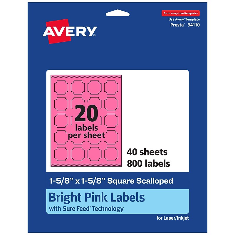 Avery Laser/Inkjet Square Scalloped Multipurpose Labels, 1-5/8" x 1-5/8", Bright Pink, 800/Pack (94110) image 1