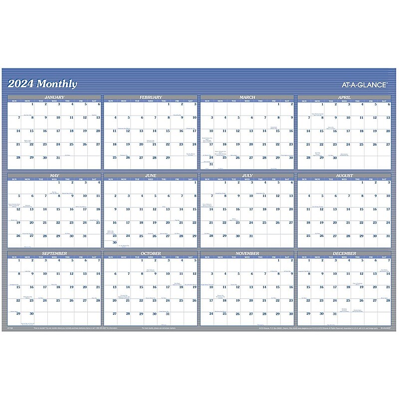 2024 AT-A-GLANCE 48" x 32" Yearly Dry Erase Wall Calendar, Reversible, Blue/Gray (A1152-24) image 1