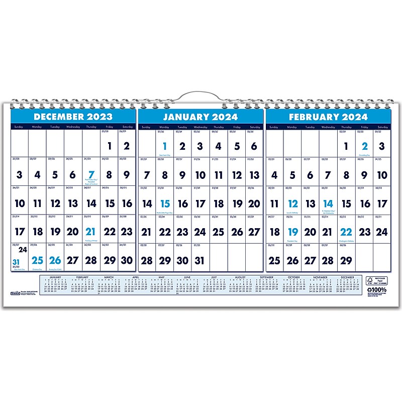 2024 House of Doolittle Compact 17" x 8" Three-Month Wall Calendar, White/Blue (3647-24) image 1