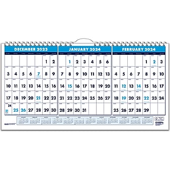 2024 House of Doolittle Compact 17" x 8" Three-Month Wall Calendar, White/Blue (3647-24)