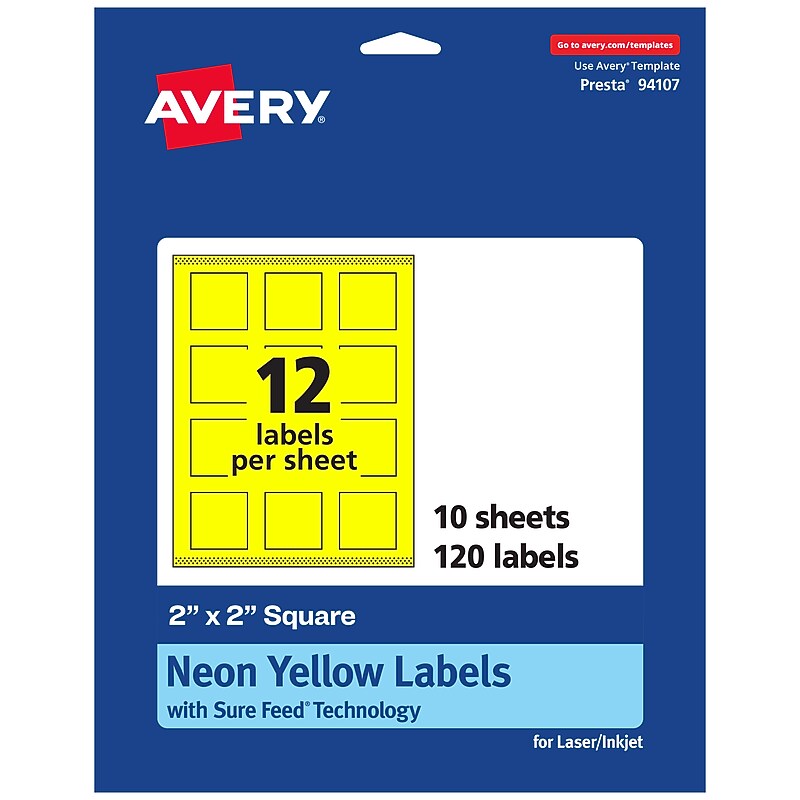 Avery Laser/Inkjet Multipurpose Square Labels, 2" x 2", Neon Yellow, 120/Pack (94107) image 1