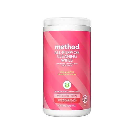 Method Disinfecting Wipes, Pink Grapefruit Scent, 70 Wipes/Canister (338527) Staples