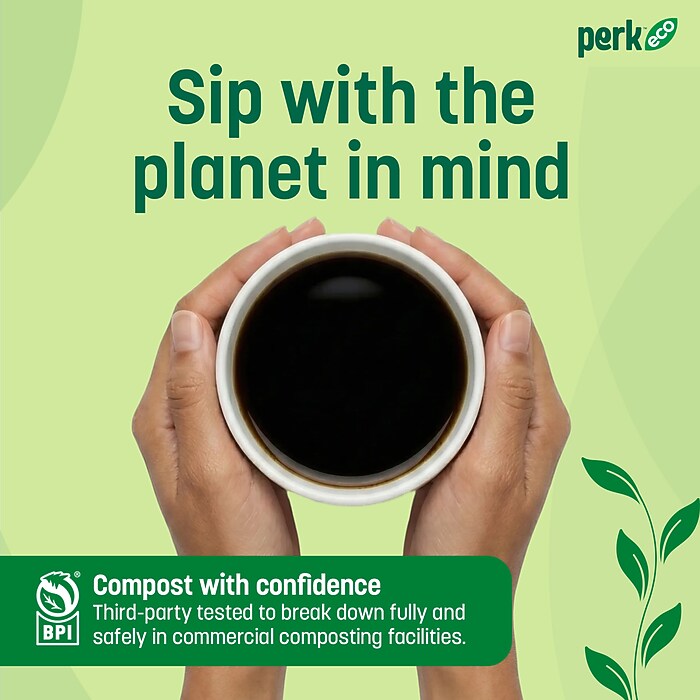 Perk™ Eco Compostable Paper Hot Cup, 12 Oz., White/Green, 500