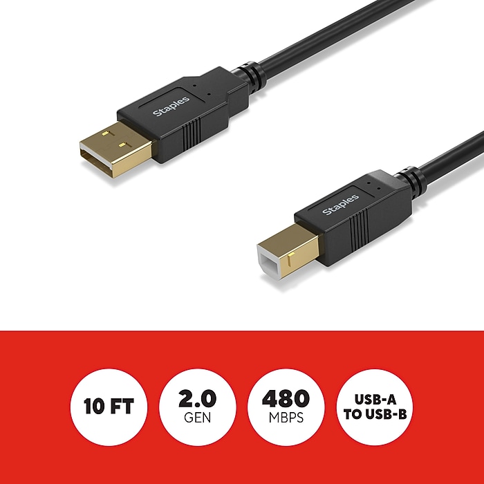 Staples TECH 10 ft. USB-A to USB-B 2.0 Cable, Male to Male