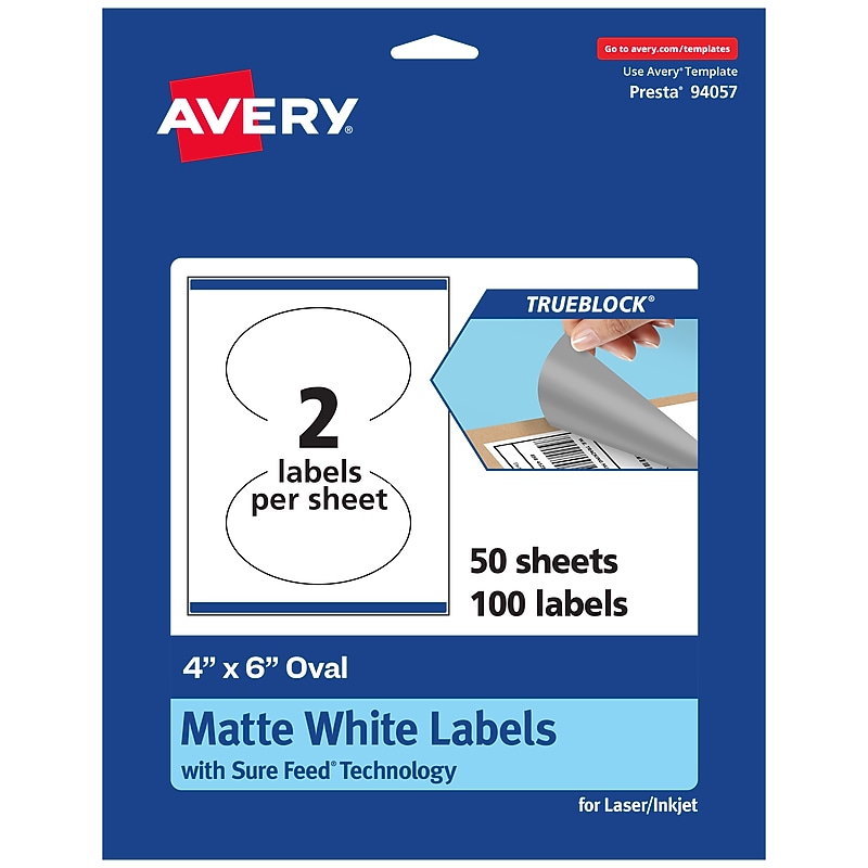 Avery TrueBlock Laser/Inkjet Oval Multipurpose Labels, 4" x 6", White, 100/Box (94057) image 1