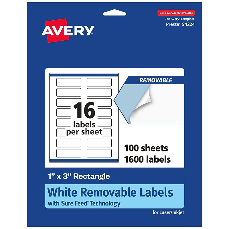 Avery Laser/Inkjet Rectangle Multipurpose Labels, 1" x 3", White, 1600 Labels/Box (94224) image 1