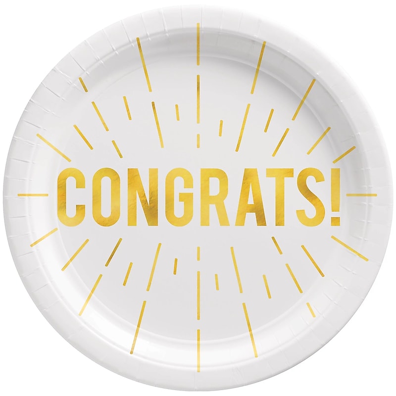 Party City "CONGRATS!" 9" Paper Plates, White/Gold, 8 Plates/Pack (AM59050121-ST) image 1